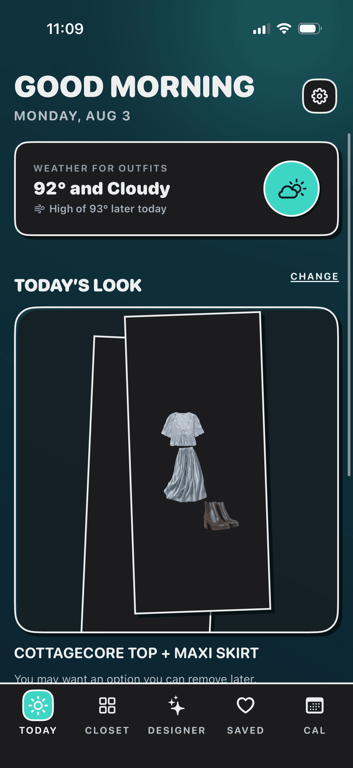 Closetcore Today screen with weather-aware suggestions.